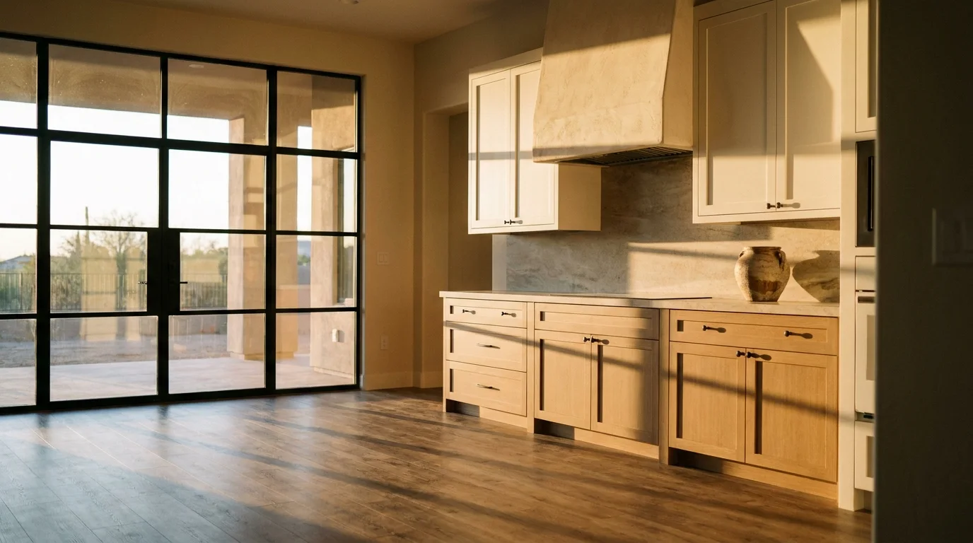 Finished desert kitchen with warm oak all-plywood cabinets